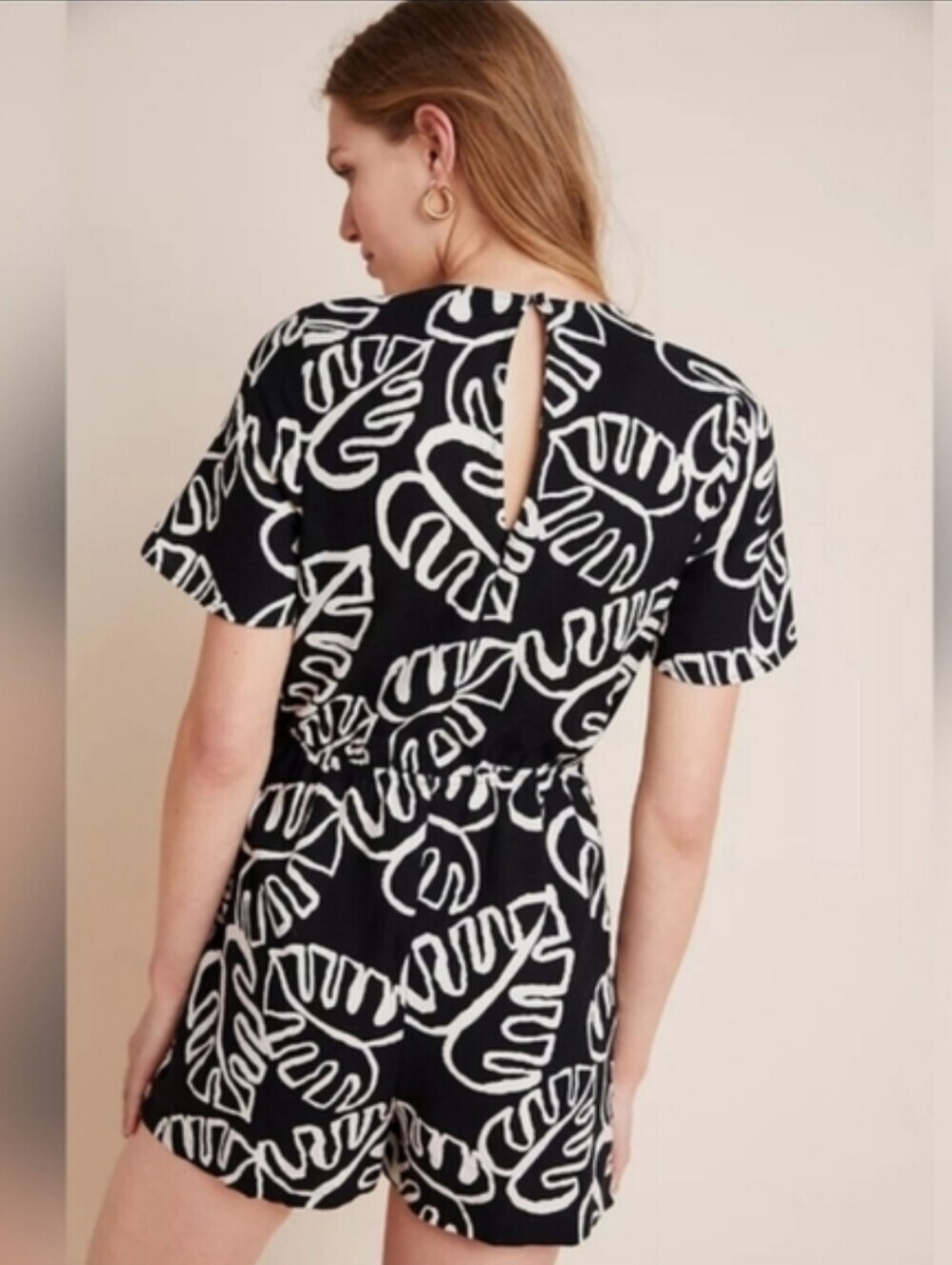 Farm Rio Anthropologie Kiki Surplice Black & White Leaf Print V-Neck Romper XS - Picture 2 of 11